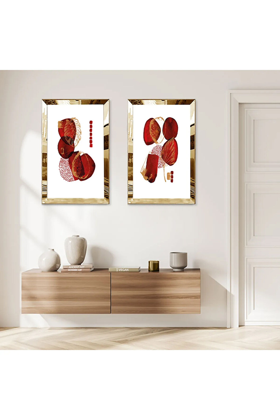 GOLD AYNALI PLEKSİ ÇERÇEVELİ BEYAZ ARKA PLANLI KIRMIZI ŞEKİLLER İKİLİ MDF TABLO SETİ