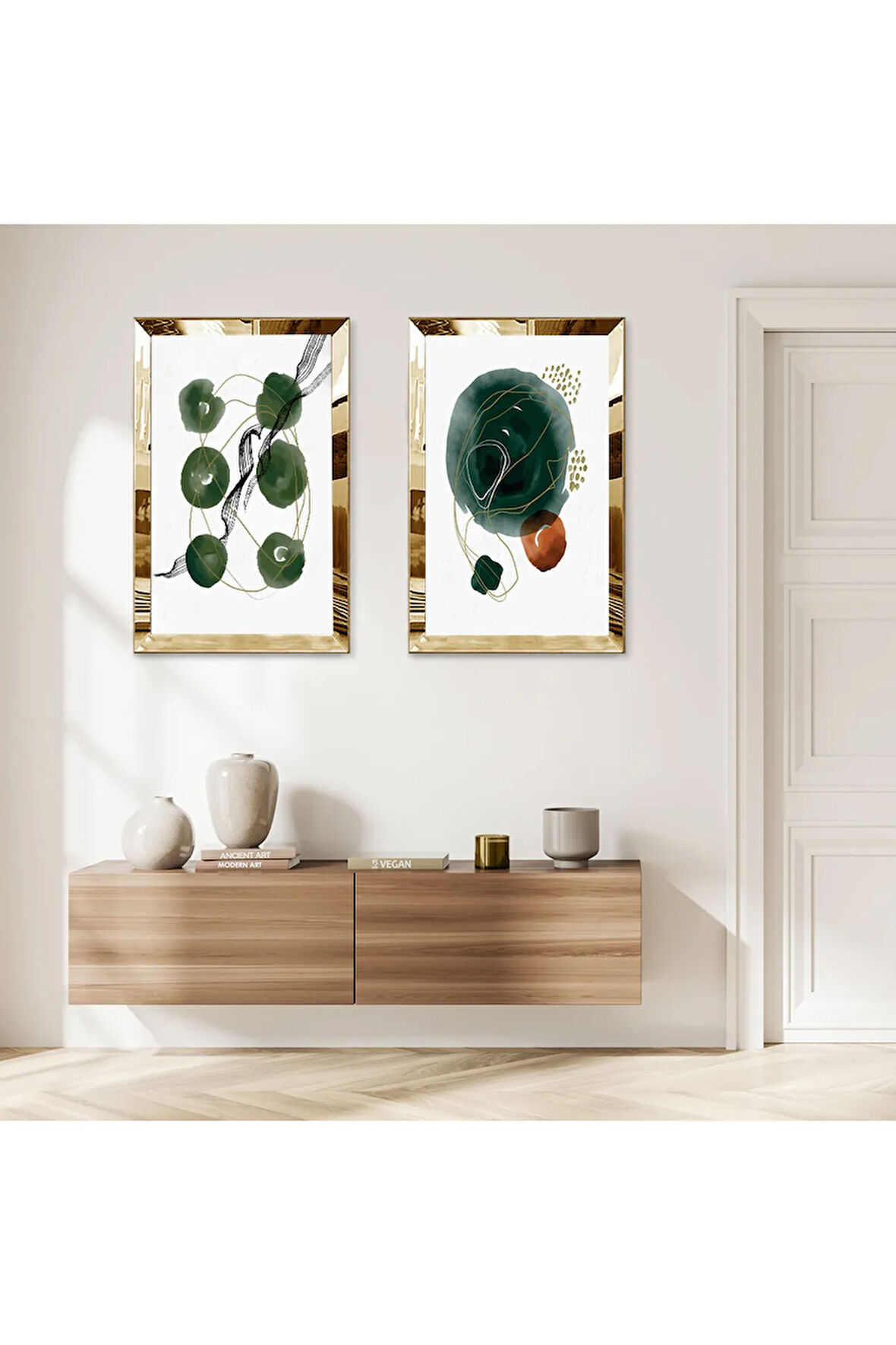 GOLD AYNALI PLEKSİ ÇERÇEVELİ BEYAZ ARKA PLANLI KAPALI YEŞİL ŞEKİLLER DEKORATİF İKİLİ MDF TABLO SETİ