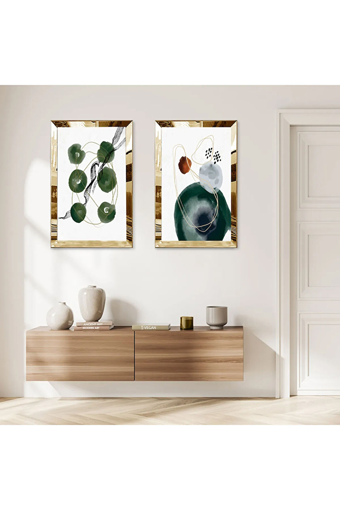 GOLD AYNALI PLEKSİ ÇERÇEVELİ BEYAZ ARKA PLANLI KAPALI YEŞİL ŞEKİLLER MODERN İKİLİ MDF TABLO SETİ