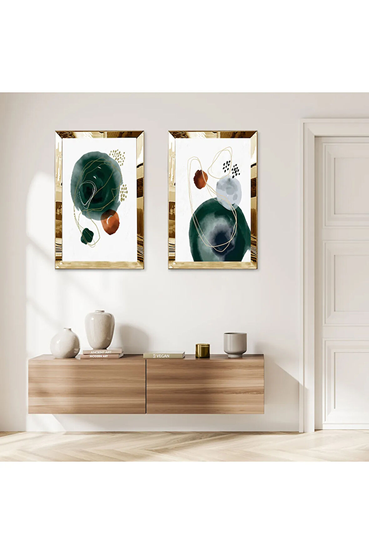 GOLD AYNALI PLEKSİ ÇERÇEVELİ BEYAZ ARKA PLANLI KAPALI YEŞİL ŞEKİLLER İKİLİ MDF TABLO SETİ