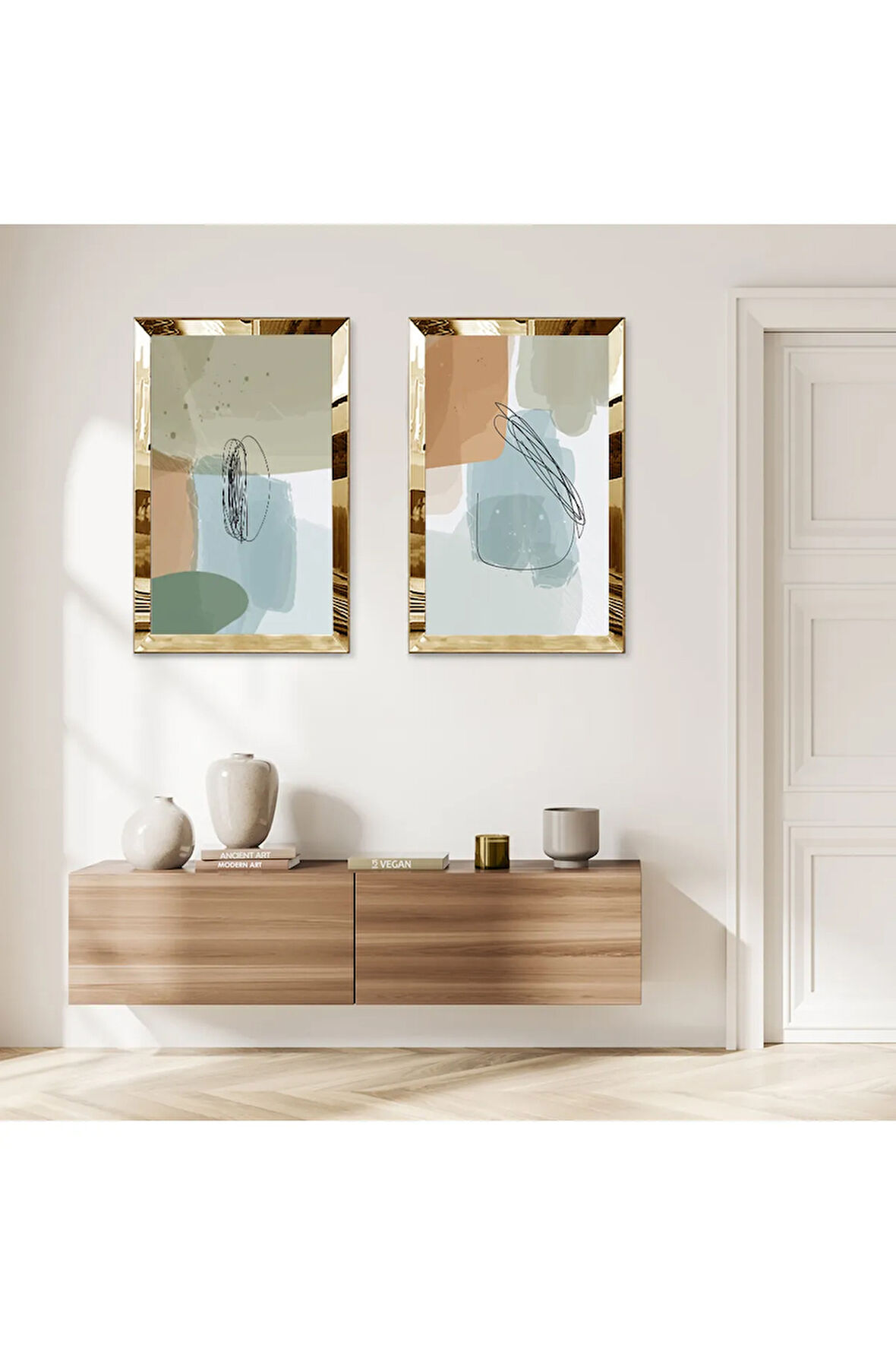 GOLD AYNALI PLEKSİ ÇERÇEVELİ RENKLİ SOYUT ŞEKİLLER İKİLİ MDF TABLO SETİ
