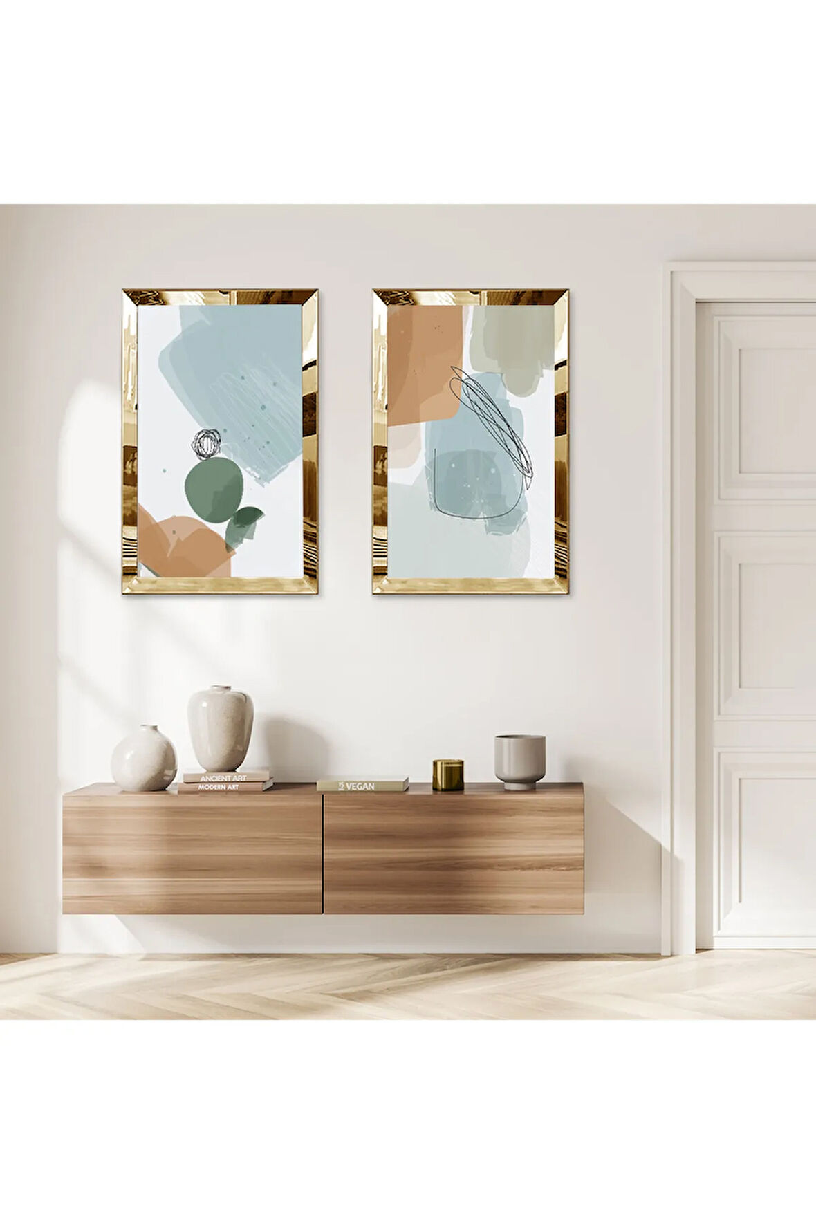 GOLD AYNALI PLEKSİ ÇERÇEVELİ RENKLİ MODERN SOYUT ŞEKİLLER İKİLİ MDF TABLO SETİ