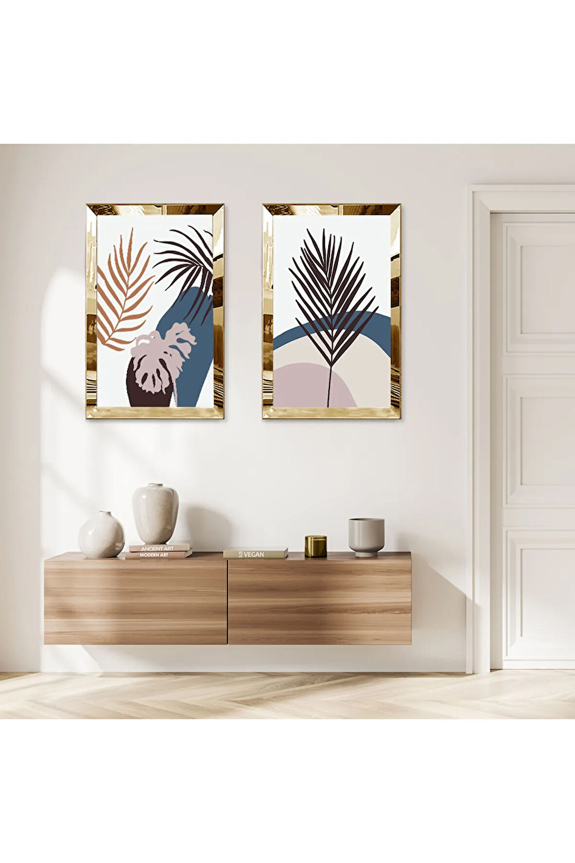 GOLD AYNALI PLEKSİ ÇERÇEVELİ BEYAZ ARKA PLANLI SOYUT MODERN BİTKİLER İKİLİ MDF TABLO SETİ