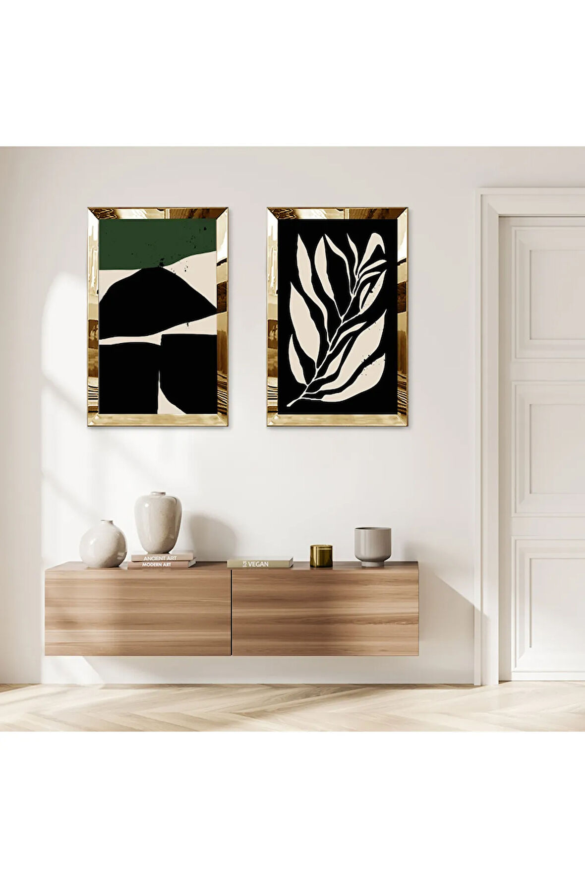 GOLD AYNALI PLEKSİ ÇERÇEVELİ MODERN SOYUT ŞEKİLLER İKİLİ MDF TABLO SETİ