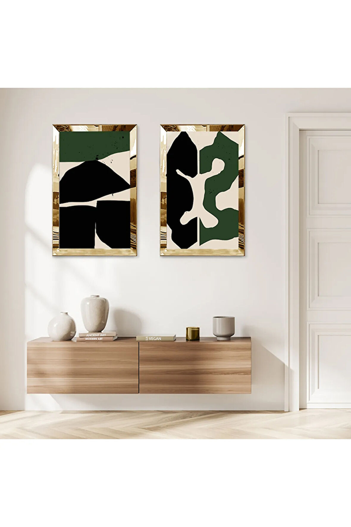 GOLD AYNALI PLEKSİ ÇERÇEVELİ DEKORATİF SOYUT ŞEKİLLER İKİLİ MDF TABLO SETİ