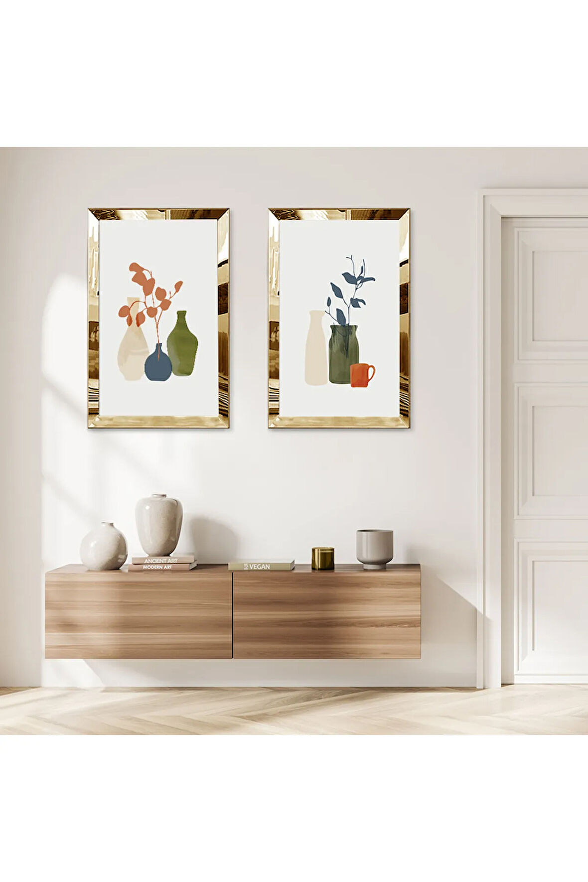 GOLD AYNALI PLEKSİ ÇERÇEVELİ BEYAZ ARKA PLANLI RENKLİ VAZOLAR İKİLİ MDF TABLO SETİ