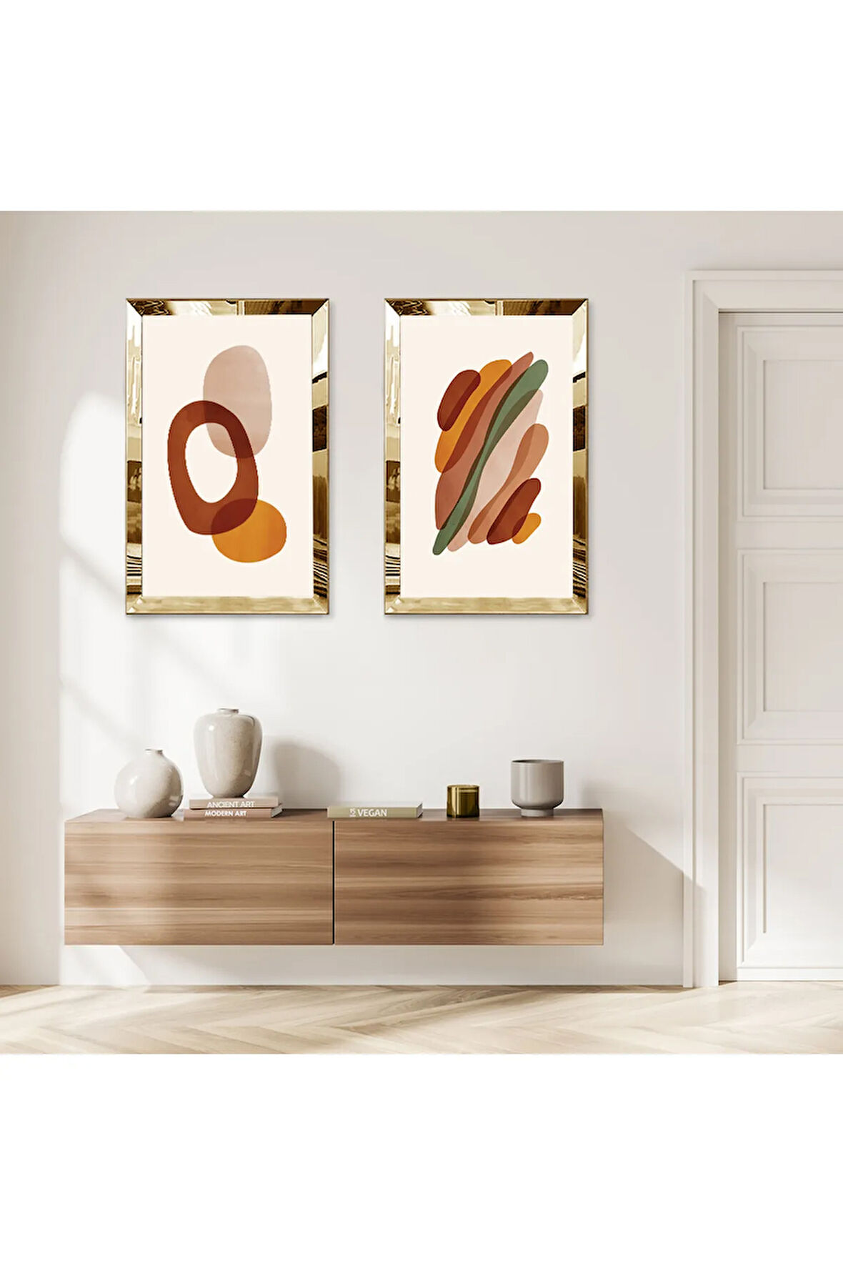 GOLD AYNALI PLEKSİ ÇERÇEVELİ BEYAZ ARKA PLANLI SOYUT YUVARLAK ŞEKİLLER MODERN İKİLİ MDF TABLO SETİ