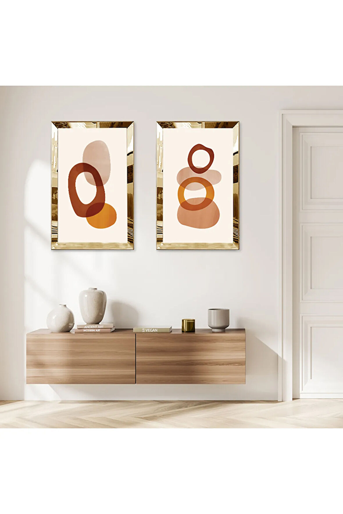 GOLD AYNALI PLEKSİ ÇERÇEVELİ SOYUT YUVARLAK ŞEKİLLER DEKORATİF İKİLİ MDF TABLO SETİ