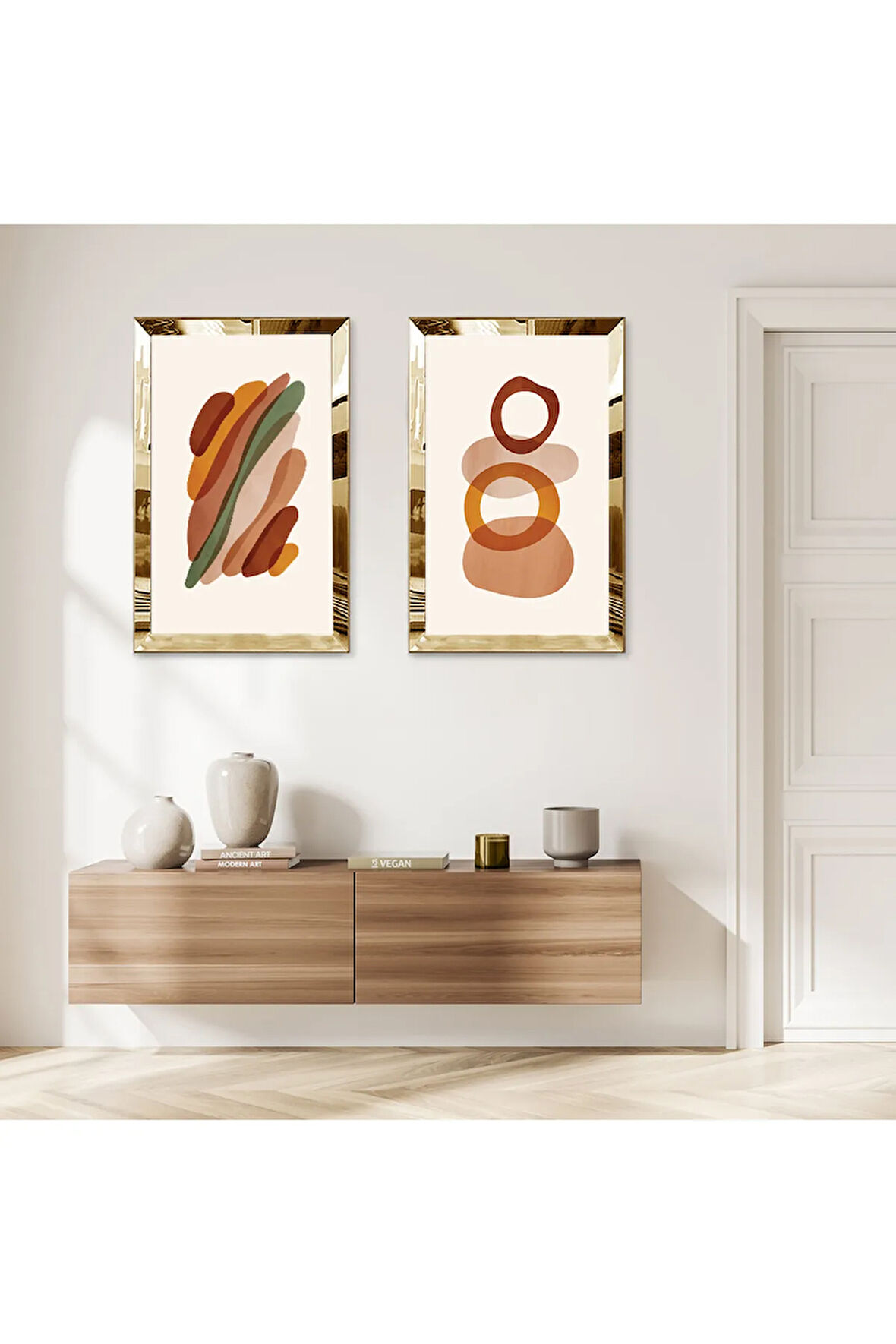 GOLD AYNALI PLEKSİ ÇERÇEVELİ BEYAZ ARKA PLANLI SOYUT YUVARLAK ŞEKİLLER İKİLİ MDF TABLO SETİ