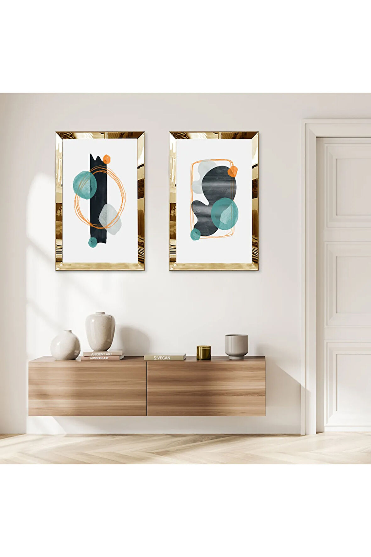 GOLD AYNALI PLEKSİ ÇERÇEVELİ BEYAZ ARKA PLANLI SOYUT RENKLİ ŞEKİLLER İKİLİ MDF TABLO SETİ
