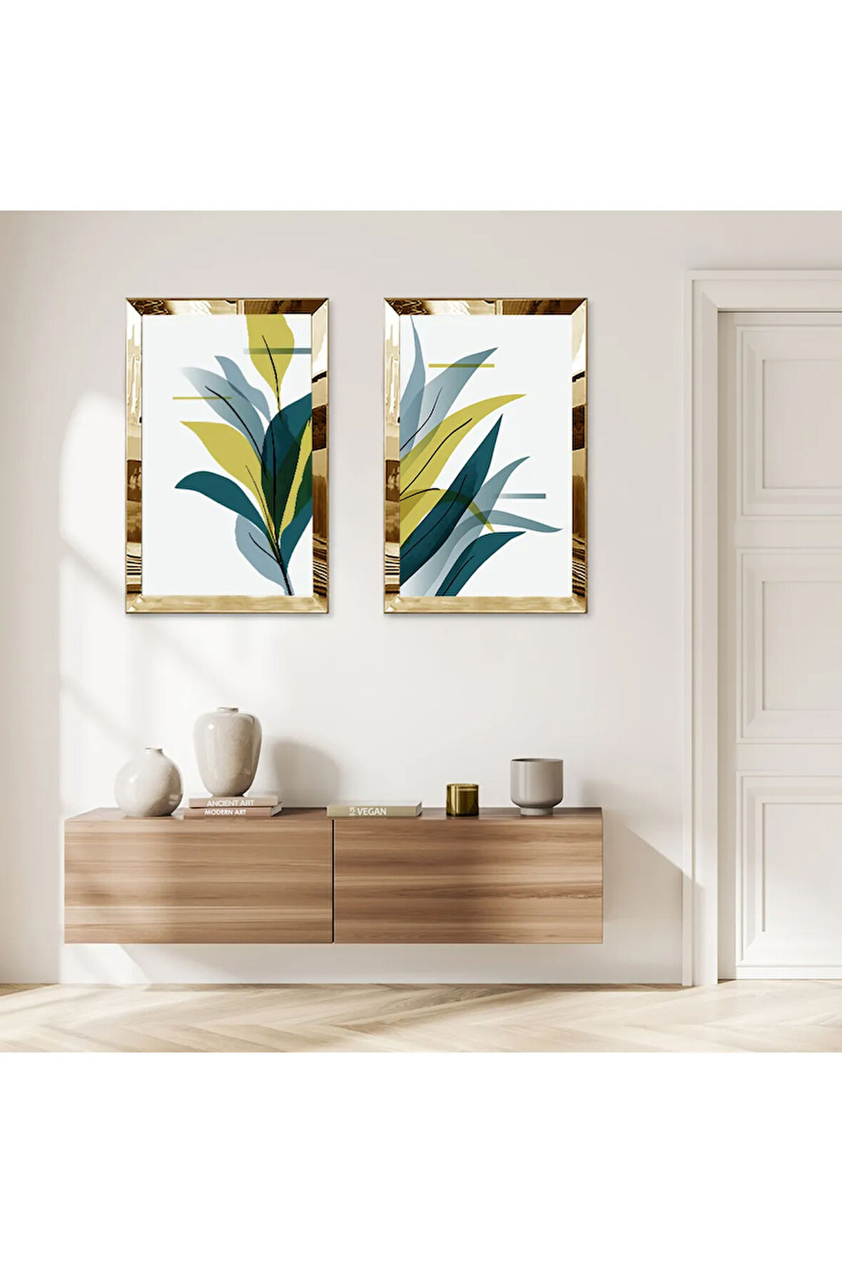 GOLD AYNALI PLEKSİ ÇERÇEVELİ BEYAZ ARKA PLANLI MODERN RENKLİ MODERN BİTKİLER İKİLİ MDF TABLO SETİ