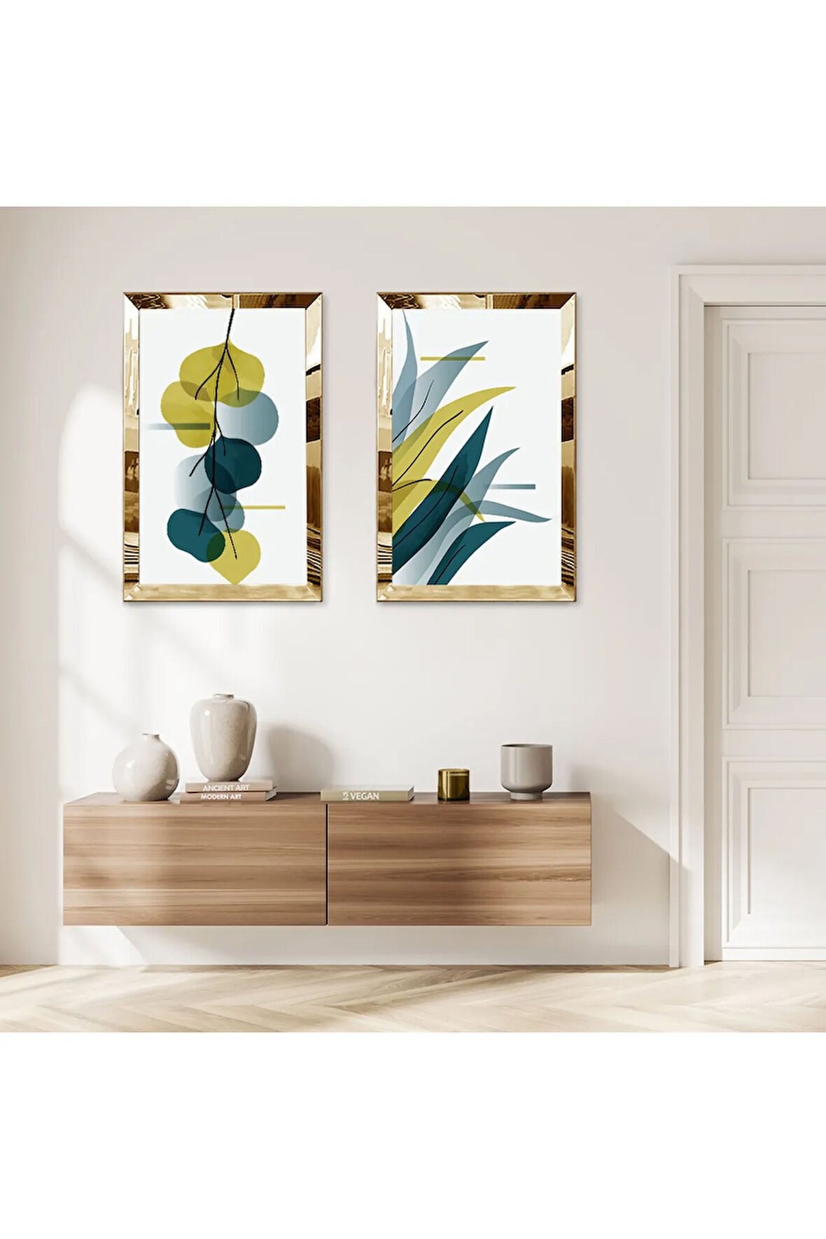 GOLD AYNALI PLEKSİ ÇERÇEVELİ BEYAZ ARKA PLANLI MODERN RENKLİ BİTKİLER İKİLİ MDF TABLO SETİ