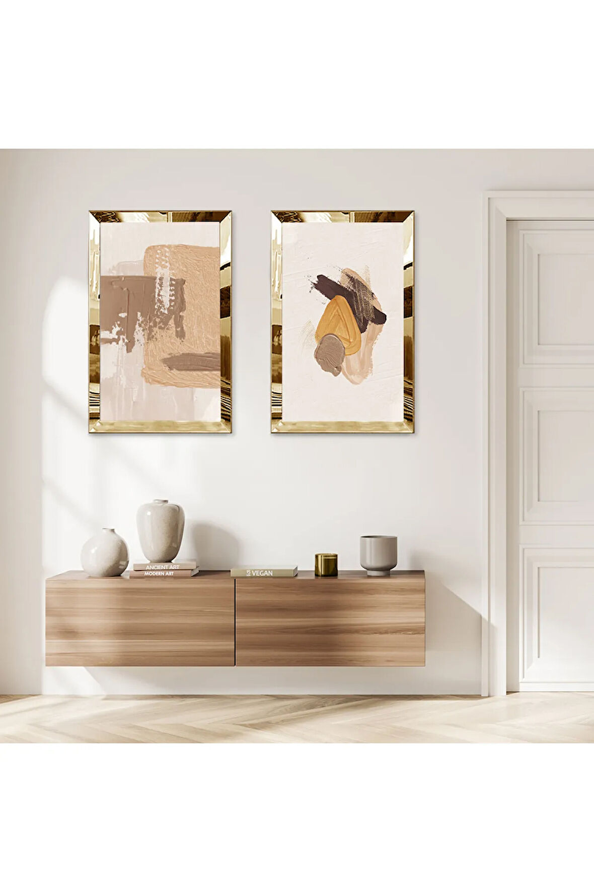 GOLD AYNALI PLEKSİ ÇERÇEVELİ RENKLİ SOYUT ÇİZİM İKİLİ MDF TABLO SETİ