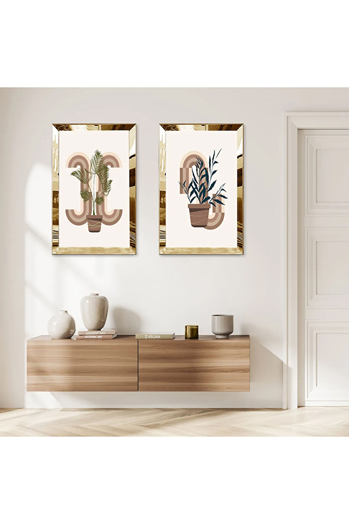 GOLD AYNALI PLEKSİ ÇERÇEVELİ BEYAZ ARKA PLANLI MODERN SOYUT BİTKİ İKİLİ MDF TABLO SETİ