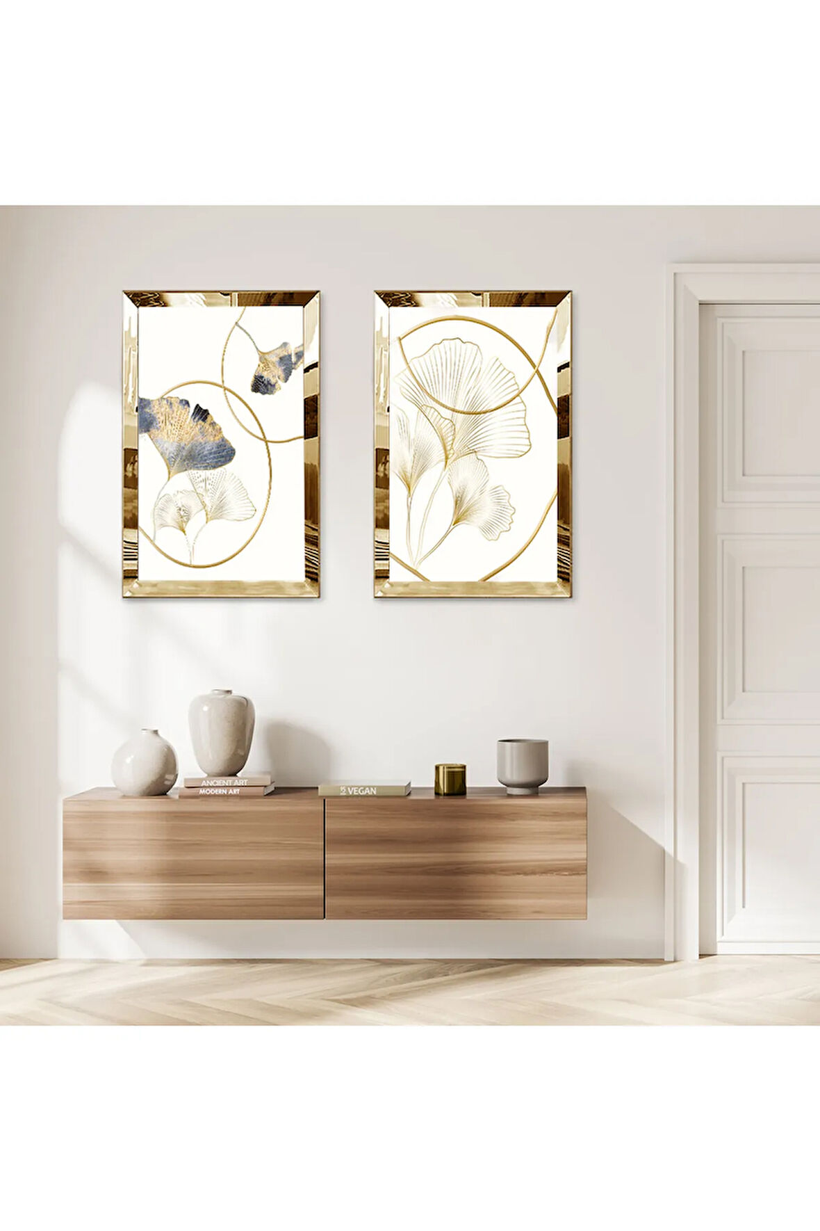 GOLD AYNALI PLEKSİ ÇERÇEVELİ BEYAZ ARKA PLANLI DEKORATİF GOLD ÇİZGİLER İKİLİ MDF TABLO SETİ