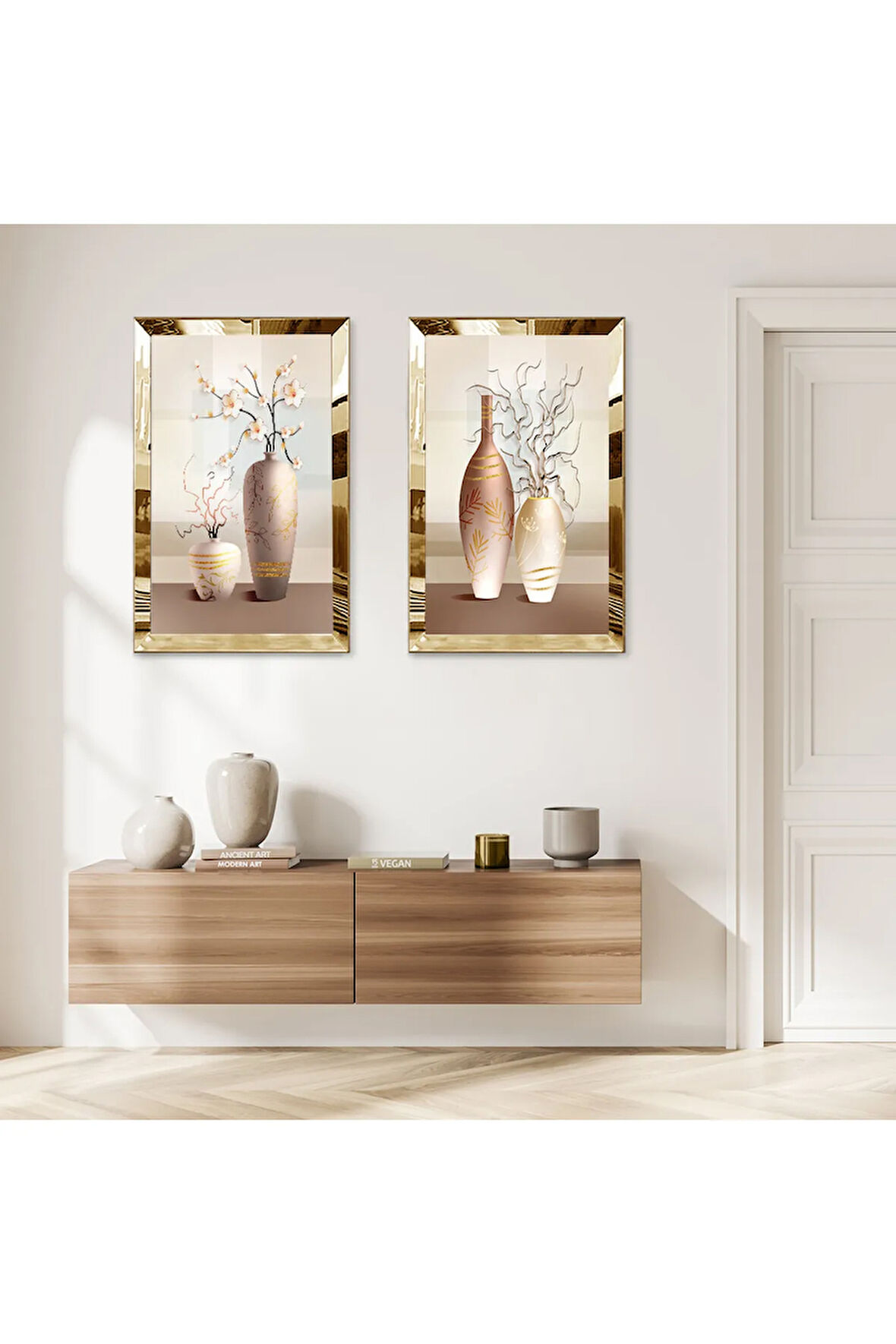 GOLD AYNALI PLEKSİ ÇERÇEVELİ KREM RENGİ DEKORATİF VAZOLAR İKİLİ MDF TABLO SETİ