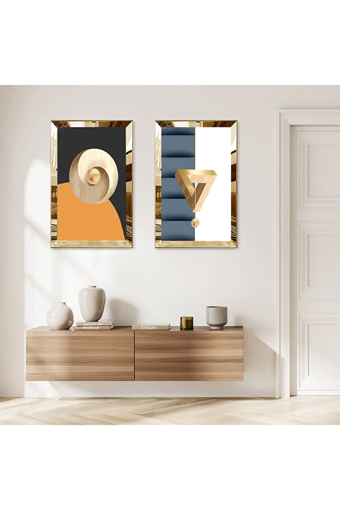 GOLD AYNALI PLEKSİ ÇERÇEVELİ RENKLİ ARKA PLANLI DEKORATİF SOYUT ŞEKİLLER İKİLİ MDF TABLO SETİ