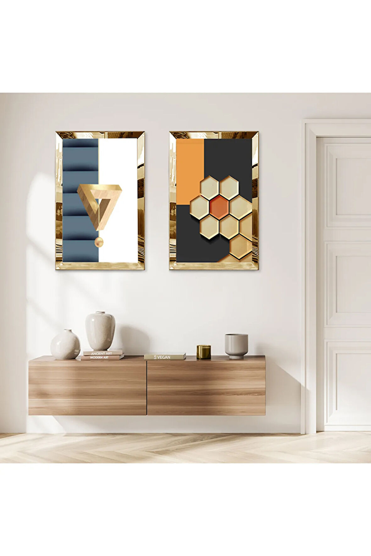 GOLD AYNALI PLEKSİ ÇERÇEVELİ RENKLİ ARKA PLANLI MODERN SOYUT ŞEKİLLER İKİLİ MDF TABLO SETİ