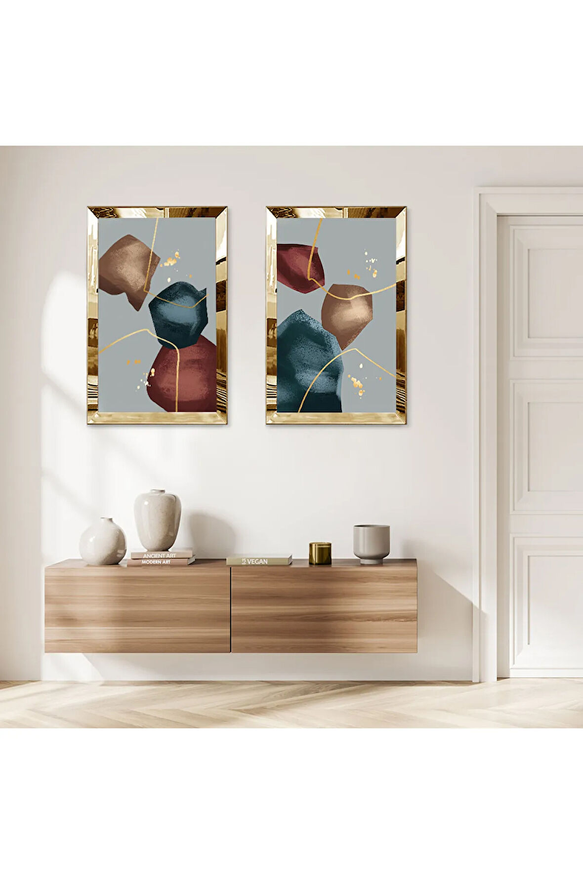 GOLD AYNALI PLEKSİ ÇERÇEVELİ KAPALI RENKLİ ARKA PLANLI SOYUT ŞEKİLLER İKİLİ MDF TABLO SETİ