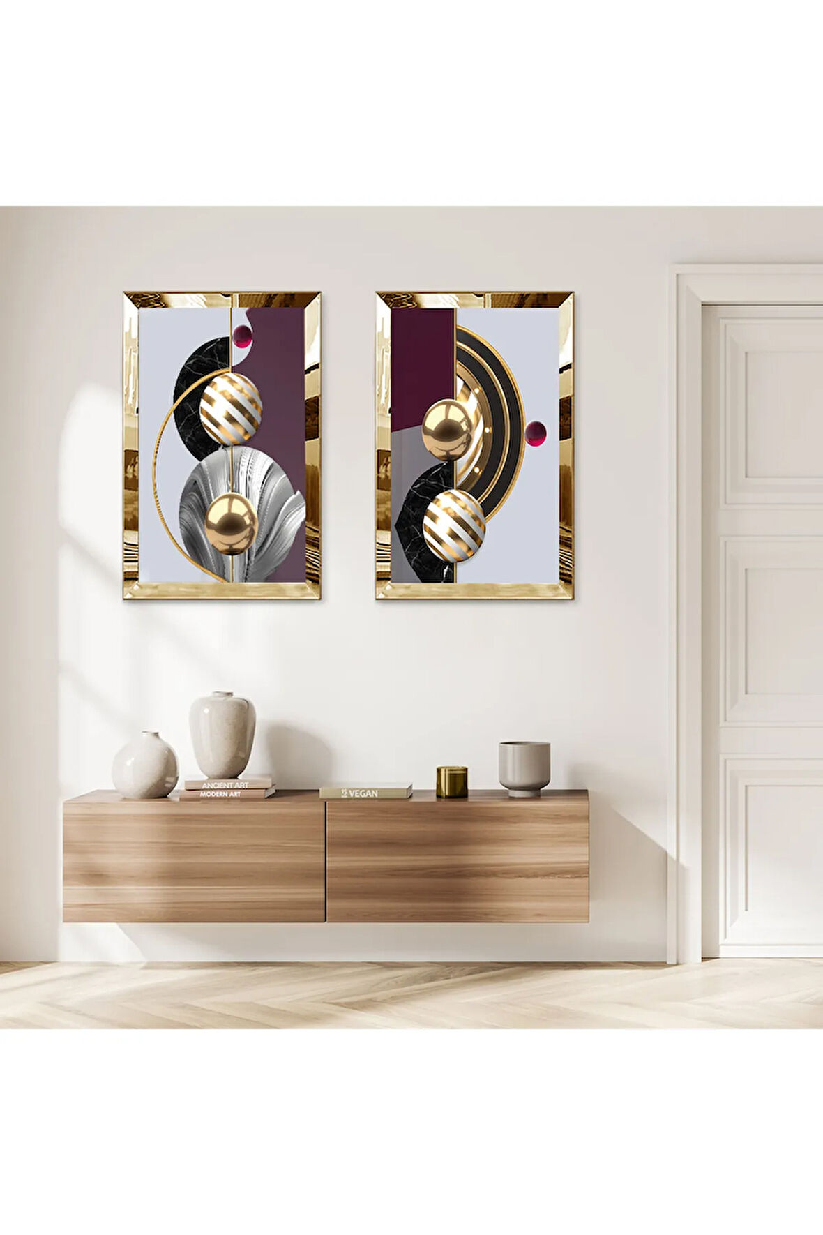 GOLD AYNALI PLEKSİ ÇERÇEVELİ AÇIK RENKLİ ARKA PLANLI SOYUT ŞEKİLLER İKİLİ MDF TABLO SETİ