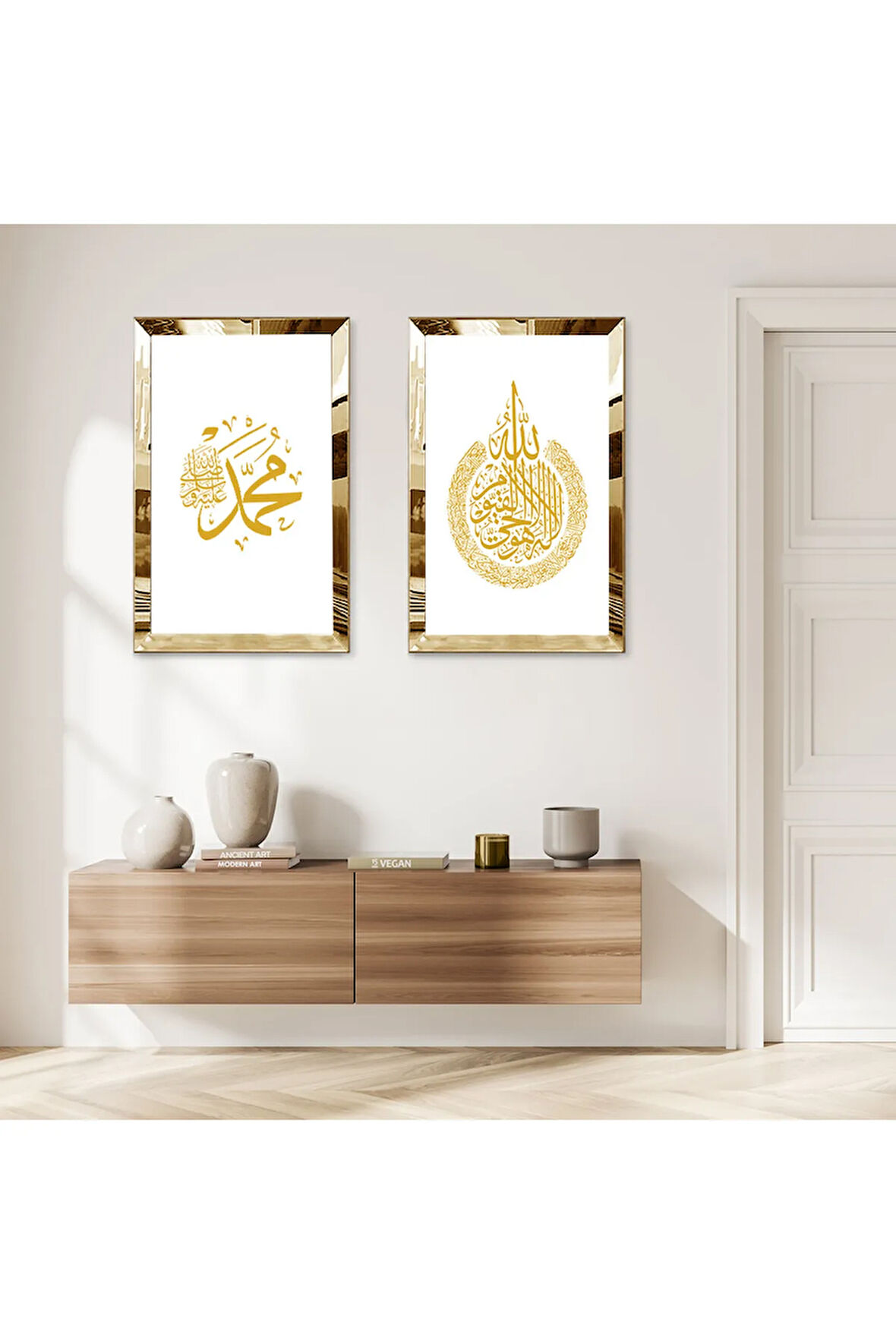 GOLD AYNALI PLEKSİ ÇERÇEVELİ GOLD YAZILI ALLAH LAFZI DEKORATİF İKİLİ MDF TABLO SETİ