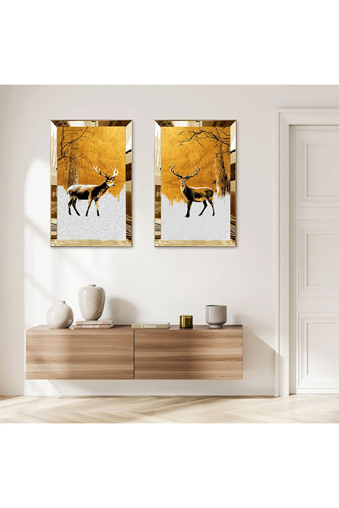 GOLD AYNALI PLEKSİ ÇERÇEVELİ BEYAZ VE GOLD ARKA PLANLI GEĞİK İKİLİ MDF TABLO SETİ