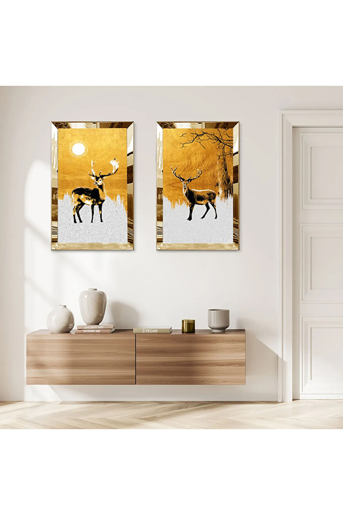 GOLD AYNALI PLEKSİ ÇERÇEVELİ BEYAZ VE GOLD ARKA PLANLI MODERN GEĞİK İKİLİ MDF TABLO SETİ