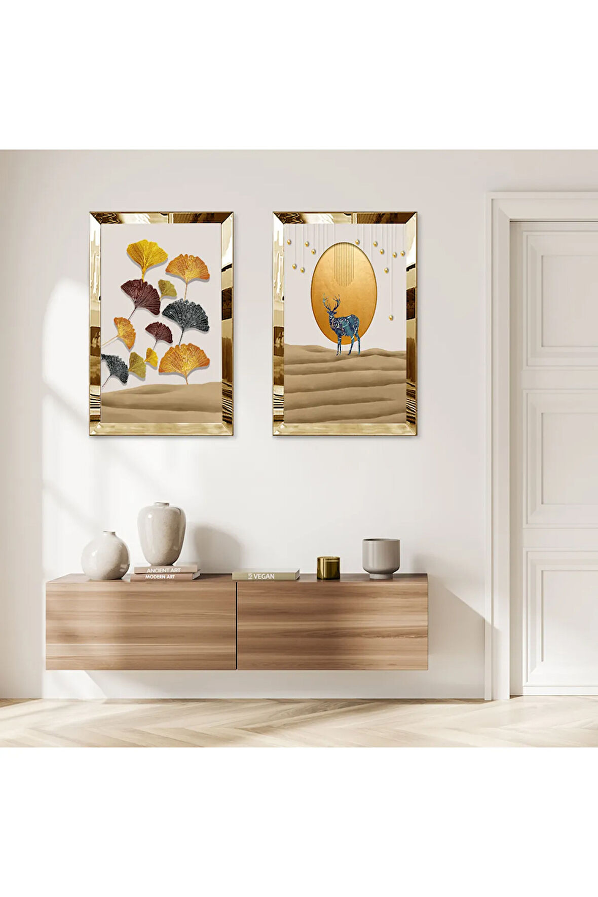 GOLD AYNALI PLEKSİ ÇERÇEVELİ SOYUT ARKA PLANLI DEKORATİF GEĞİK İKİLİ MDF TABLO SETİ
