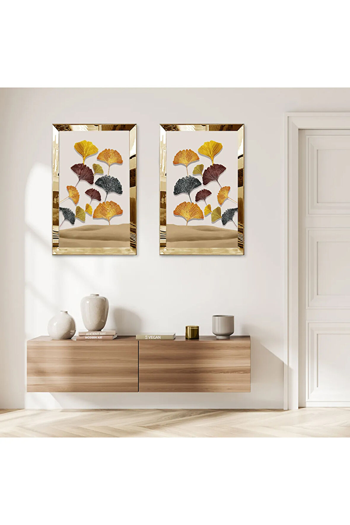 GOLD AYNALI PLEKSİ ÇERÇEVELİ SOYUT ARKA PLANLI GEĞİK İKİLİ MDF TABLO SETİ