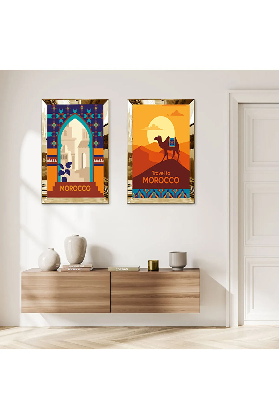 GOLD AYNALI PLEKSİ ÇERÇEVELİ RENKLİ ARKA PLANLI MODERN CAMİ İKİLİ MDF TABLO SETİ