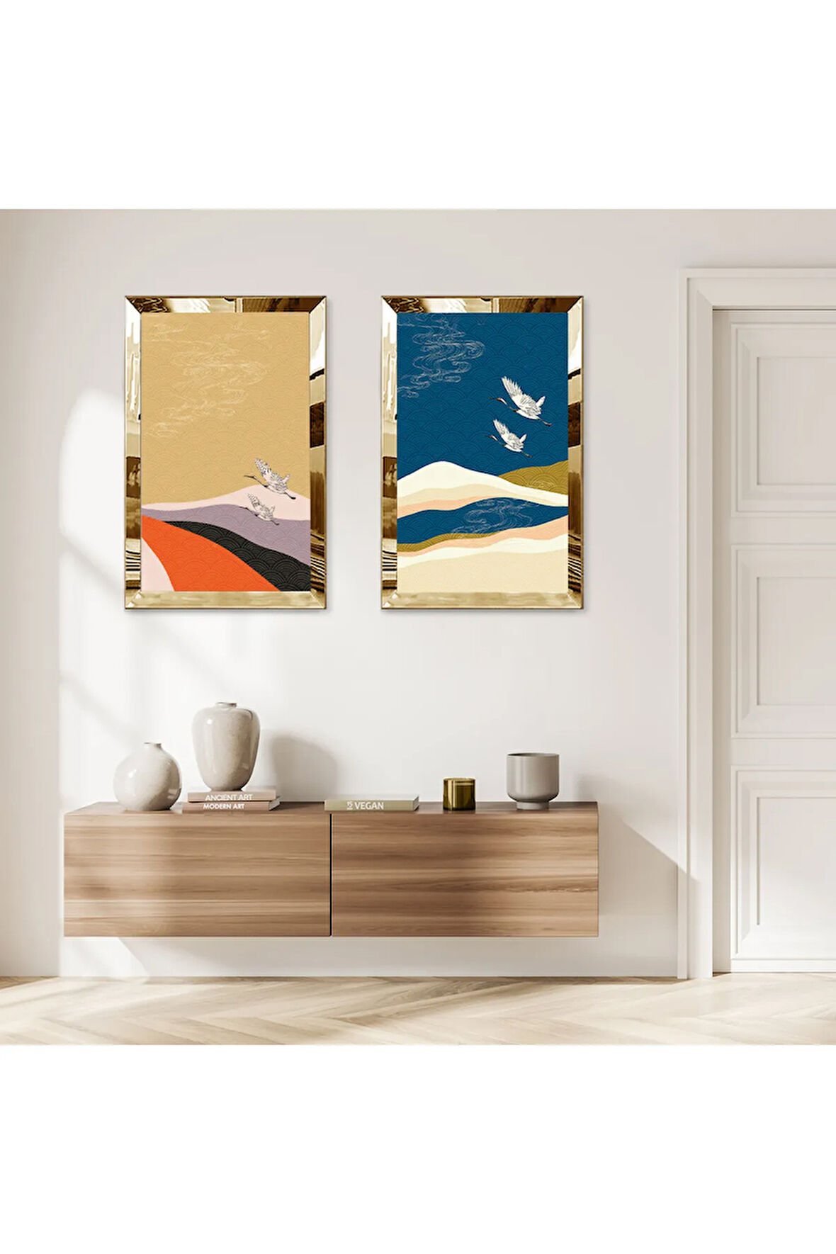 GOLD AYNALI PLEKSİ ÇERÇEVELİ HAVADA UÇAN KUŞLAR MODERN İKİLİ MDF TABLO SETİ
