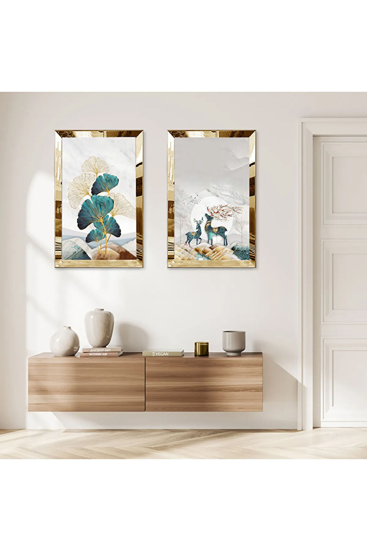GOLD AYNALI PLEKSİ ÇERÇEVELİ SOYUT BİTKİ VE GEĞİK DEKORATİF İKİLİ MDF TABLO SETİ