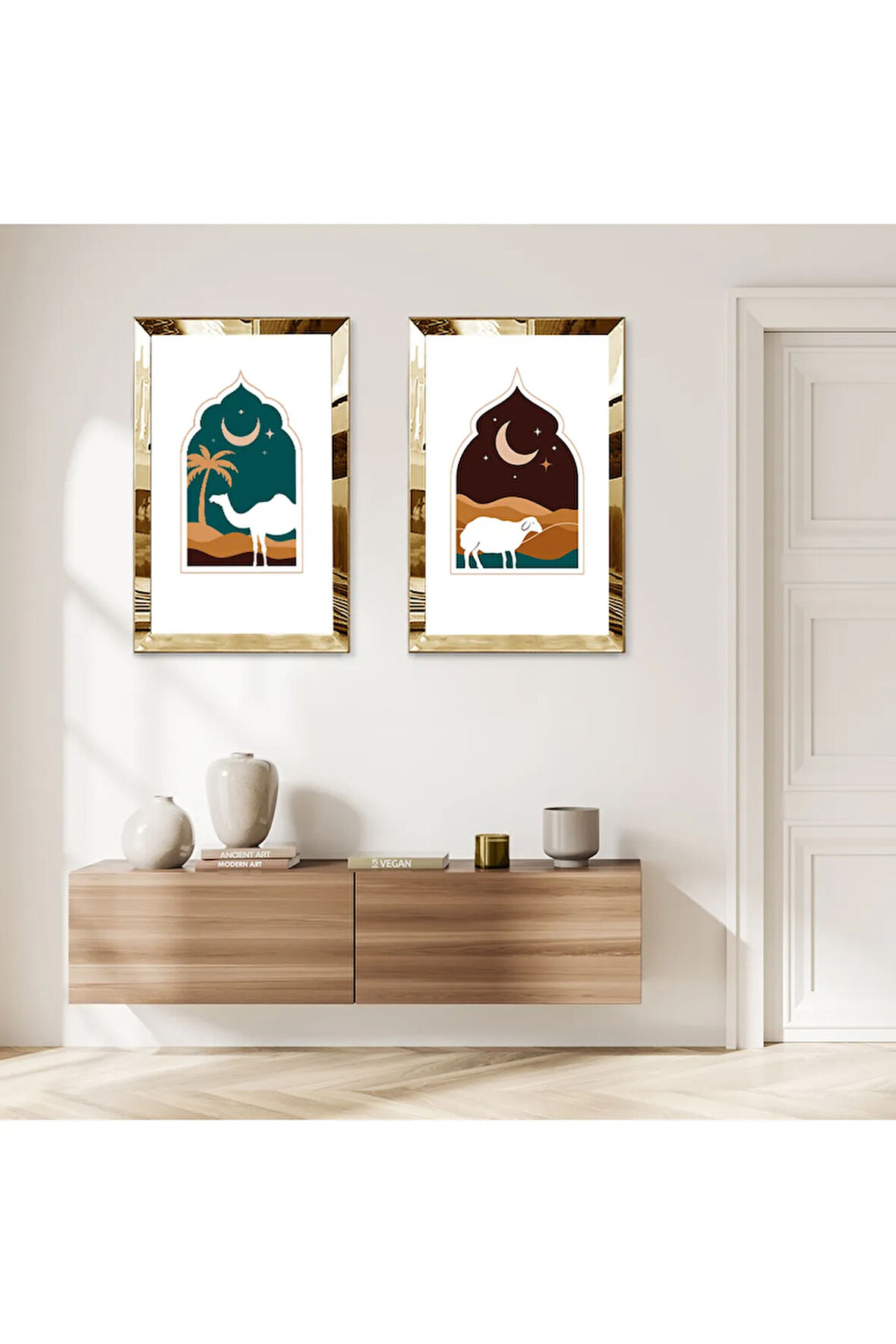 GOLD AYNALI PLEKSİ ÇERÇEVELİ GECE DEVE MODERN İKİLİ MDF TABLO SETİ