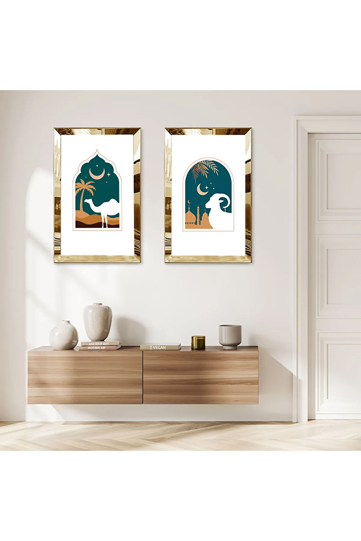 GOLD AYNALI PLEKSİ ÇERÇEVELİ GECE KUZU MODERN İKİLİ MDF TABLO SETİ