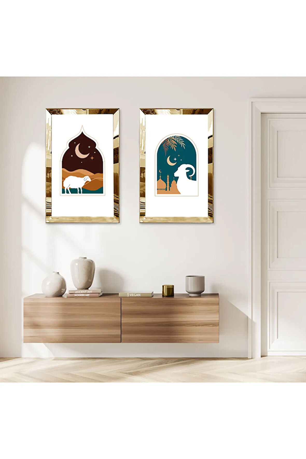 GOLD AYNALI PLEKSİ ÇERÇEVELİ GECE DEVE DEKORATİF İKİLİ MDF TABLO SETİ