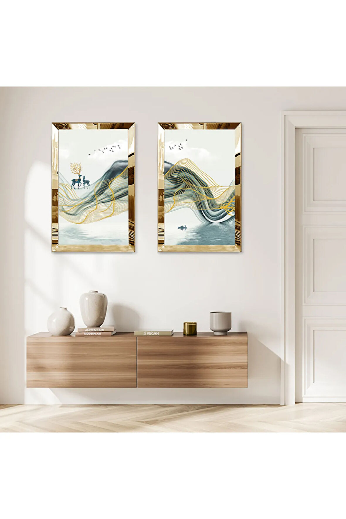 GOLD AYNALI PLEKSİ ÇERÇEVELİ DAĞDA GEĞİKLER MODERN İKİLİ MDF TABLO SETİ