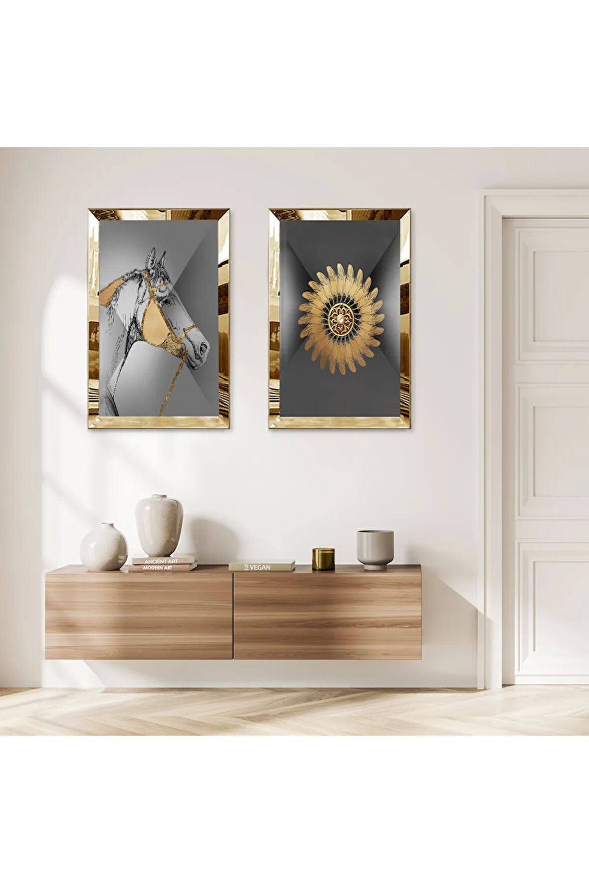 GOLD AYNALI PLEKSİ ÇERÇEVELİ GRİ ARKA PLANLI GOLD DESENLİ DEKORATİF AT İKİLİ MDF TABLO SETİ