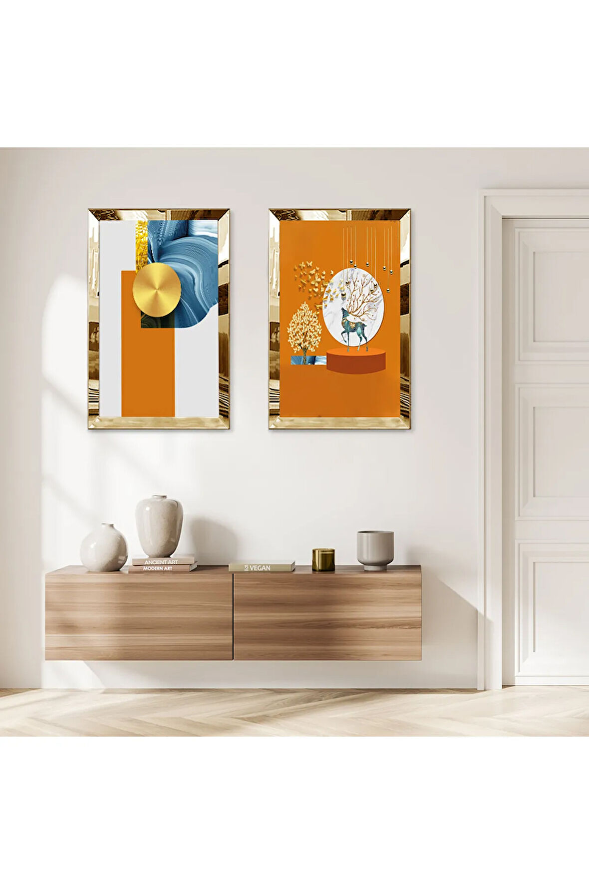 GOLD AYNALI PLEKSİ ÇERÇEVELİ TURUNCU BEYAZ SOYUT DESENLİ DEKORATİF KİLİ MDF TABLO SETİ