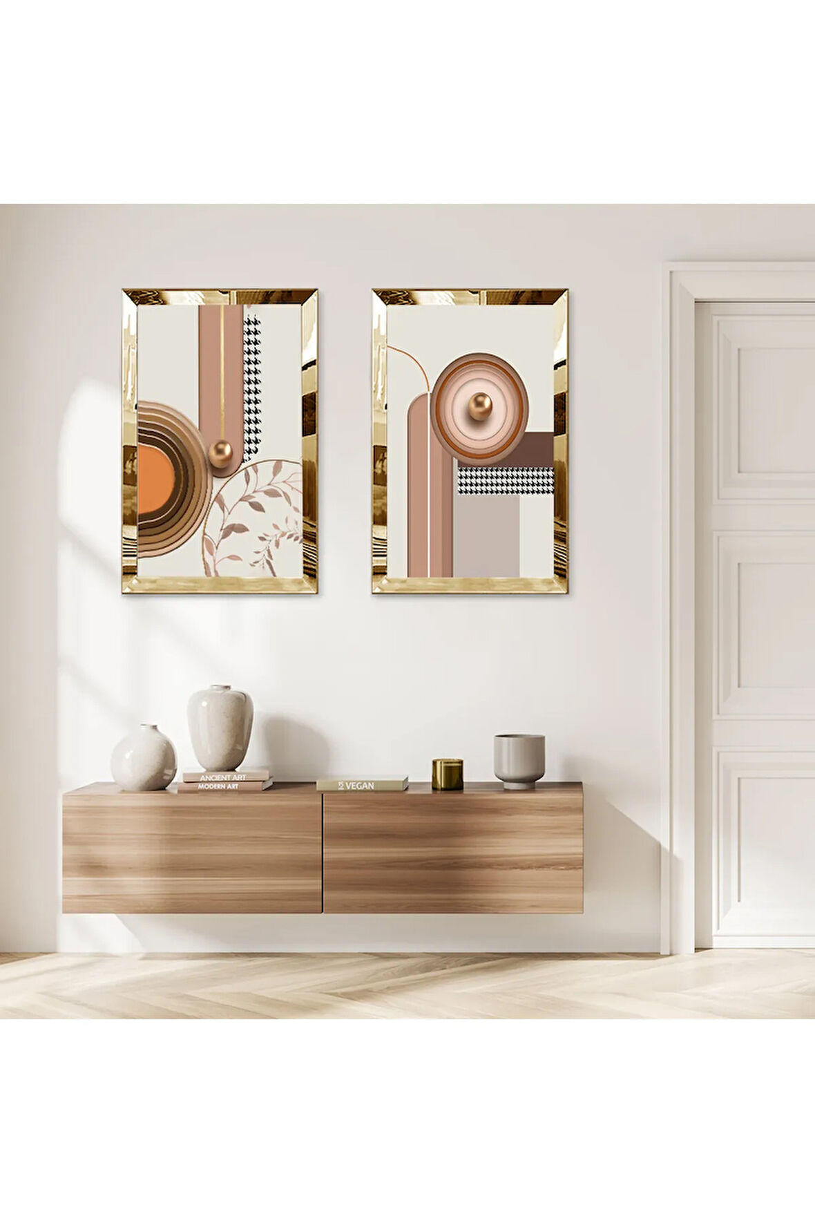 GOLD AYNALI PLEKSİ ÇERÇEVELİ SOYUT DESENLER MODERN İKİLİ MDF TABLO SETİ