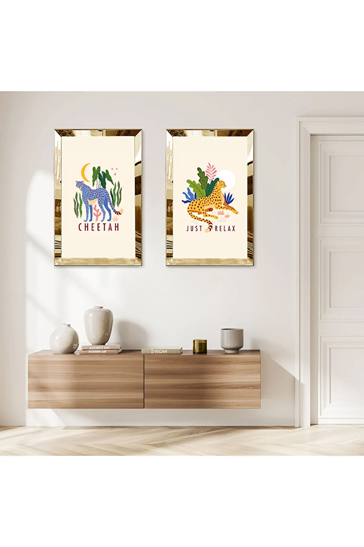 GOLD AYNALI PLEKSİ ÇERÇEVELİ BEYAZ ARKA PLANLI HAYVANLAR ALEMİ MODERN İKİLİ MDF TABLO SETİ