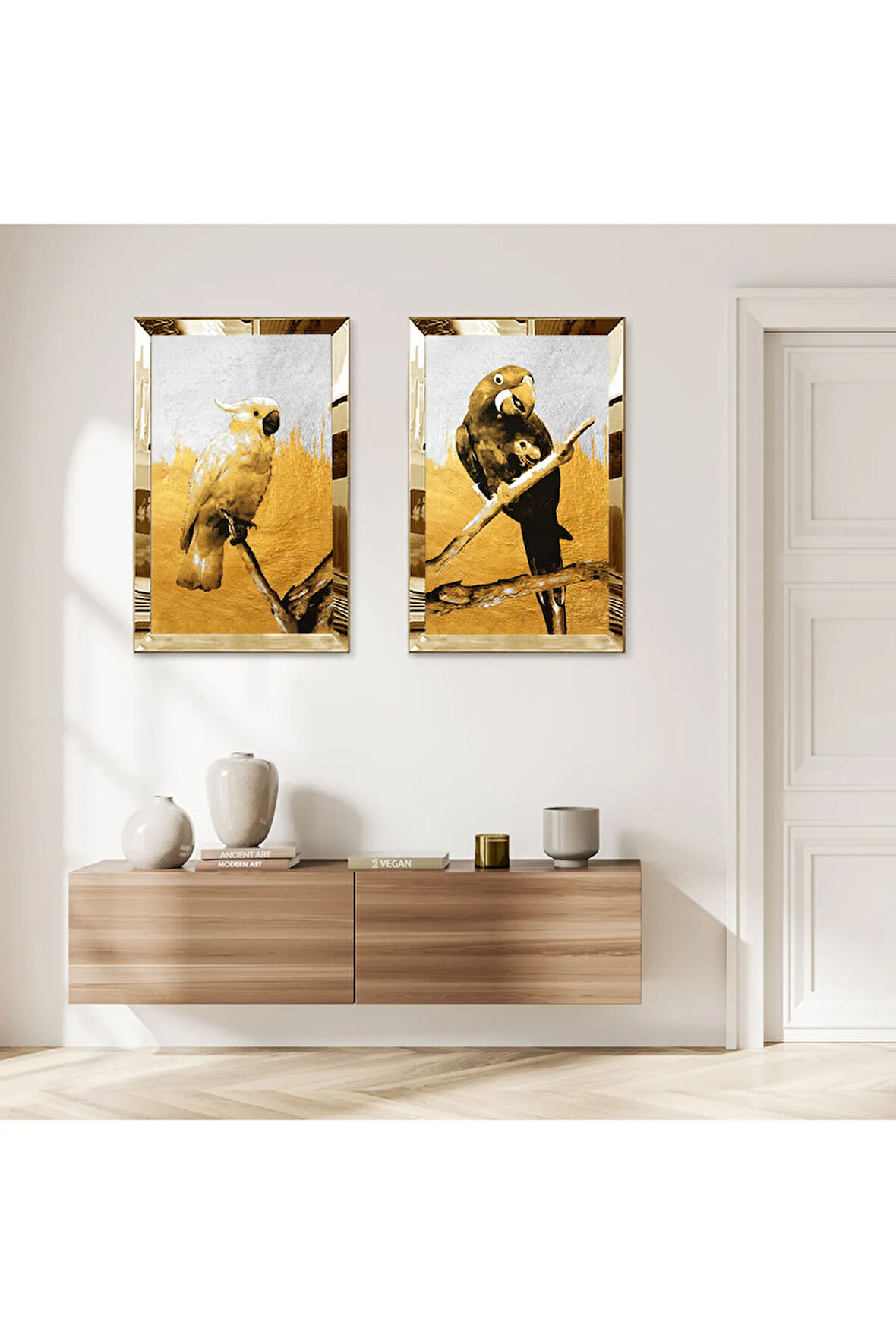 GOLD AYNALI PLEKSİ ÇERÇEVELİ TURUNCU ARKA PLANLI KUŞLAR DEKORATİF İKİLİ MDF TABLO SETİ