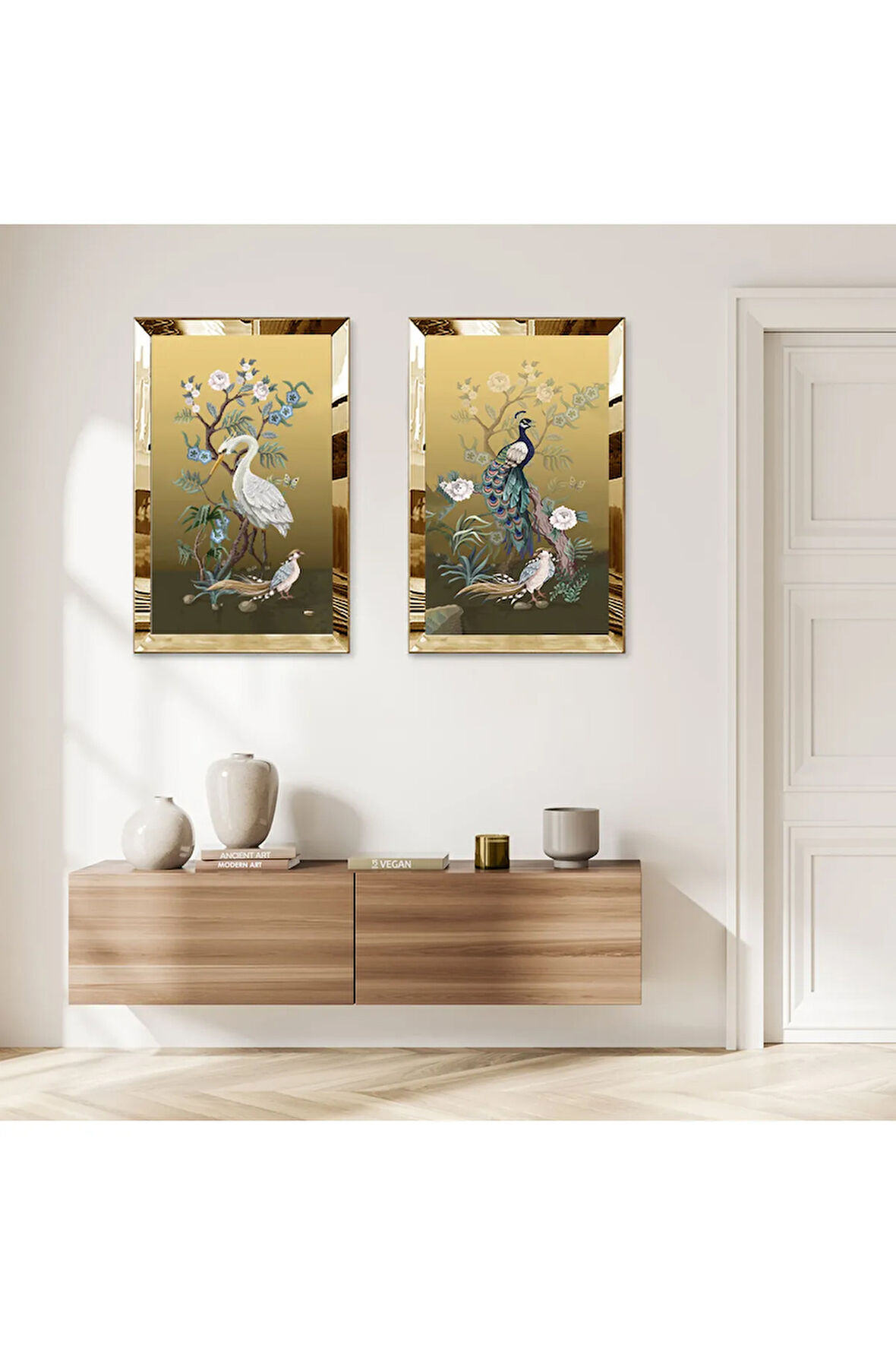 GOLD AYNALI PLEKSİ ÇERÇEVELİ LEYLEKLER DEKORATİF İKİLİ MDF TABLO SETİ