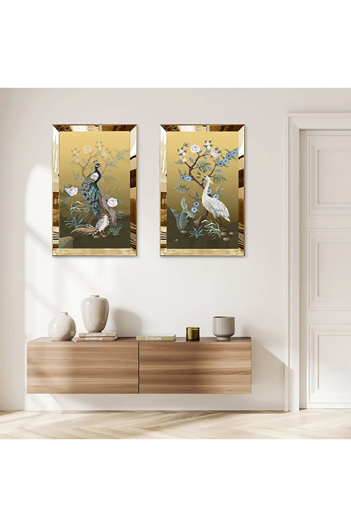 GOLD AYNALI PLEKSİ ÇERÇEVELİ LEYLEKLER İKİLİ MDF TABLO SETİ