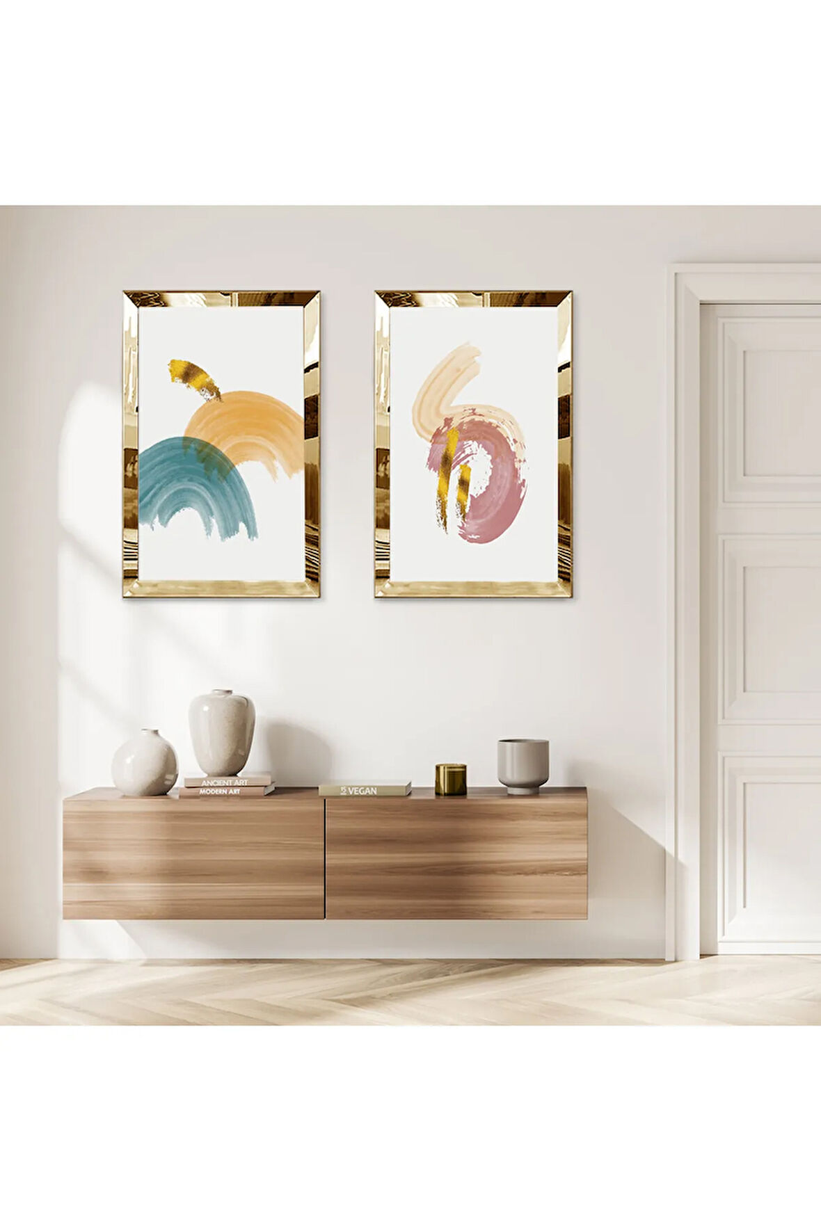 GOLD AYNALI PLEKSİ ÇERÇEVELİ BEYAZ ARKA PLANLI RENKLİ FIRÇA İZLERİ İKİLİ MDF TABLO SETİ