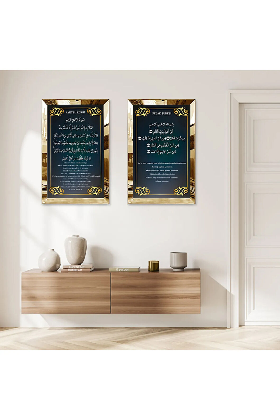 GOLD AYNALI PLEKSİ ÇERÇEVELİ FELAK VE AYETEL KÜRSİ SURESİ İKİLİ MDF TABLO SETİ