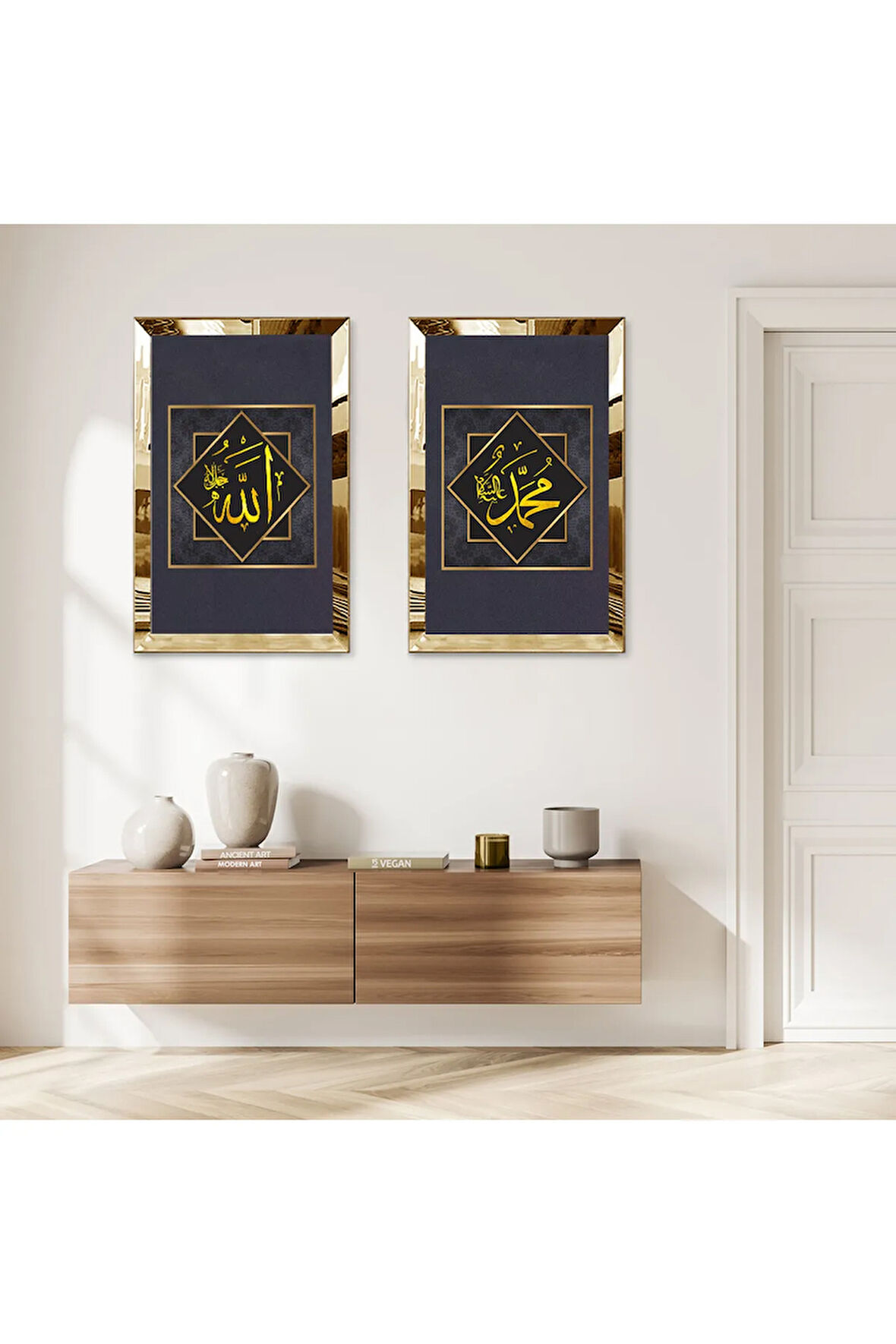 GOLD AYNALI PLEKSİ ÇERÇEVELİ MUHAMMET VE ALLAH LAFZI İKİLİ MDF TABLO SETİ