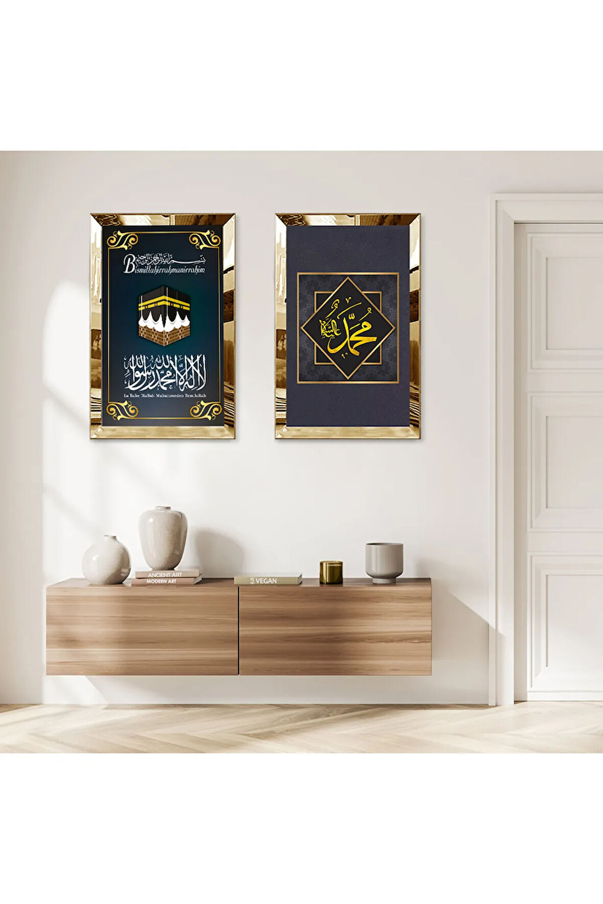 GOLD AYNALI PLEKSİ ÇERÇEVELİ BİSMİLLAHİRRAHMANİRRAHİM MODERN İKİLİ MDF TABLO SETİ