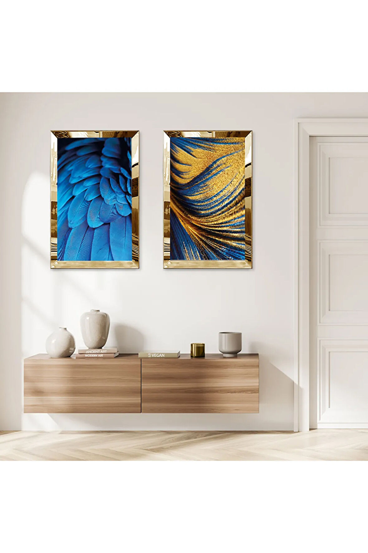 GOLD AYNALI PLEKSİ ÇERÇEVELİ MAVİ TÜYLER VE MAVİ ALTIN KUM DESENLİ İKİLİ MDF TABLO SETİ