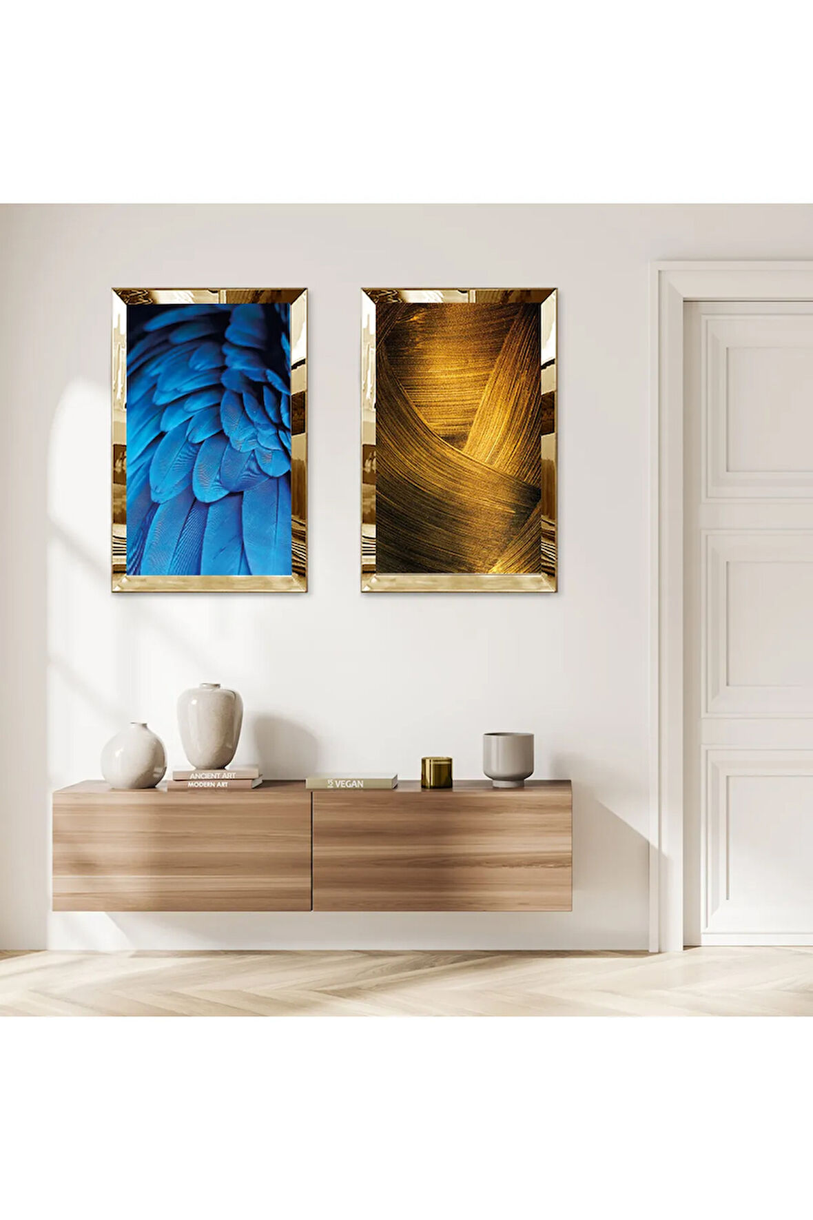 GOLD AYNALI PLEKSİ ÇERÇEVELİ MAVİ TÜYLER VE ALTIN SOYUT DESENLİ İKİLİ MDF TABLO SETİ