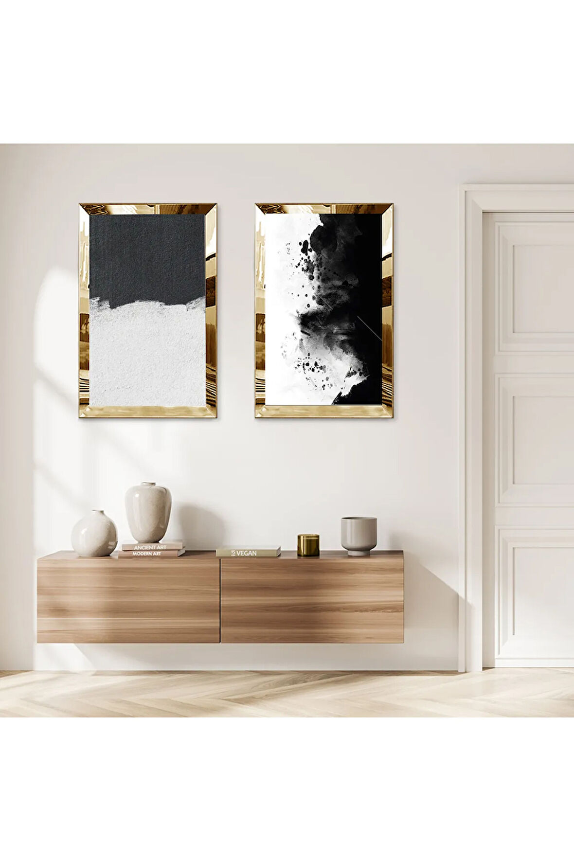GOLD AYNALI PLEKSİ ÇERÇEVELİ SİYAH BEYAZ VE GRİ SOYUT DESENLİ İKİLİ MDF TABLO SETİ